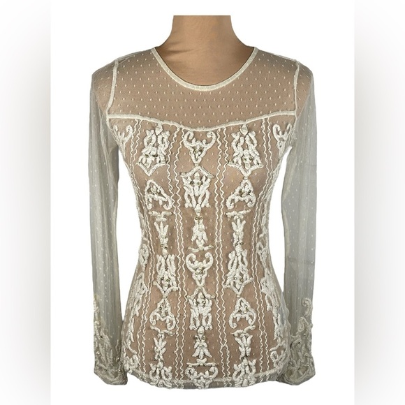 Guess Sheer Embroidered Top - Cream‎ and White - Picture 1 of 6